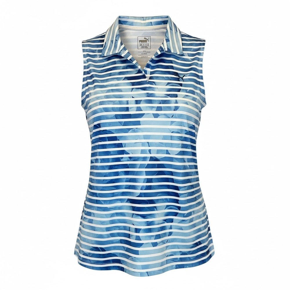 Puma Golf Blue Striped Sleeveless Polo Shirt Women’s Sz M tank pickleball